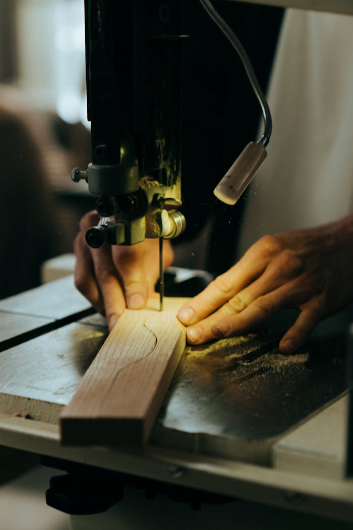 Close-up of a craftsman using a bandsaw to cut wood in a workshop setting.